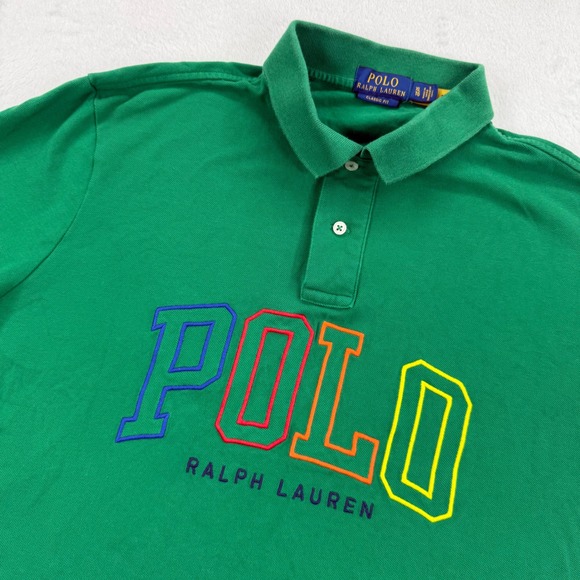 Polo Ralph Lauren Classic Fit Green Polo spellout Shirt Colorful Logo Mens XL - Picture 3 of 11